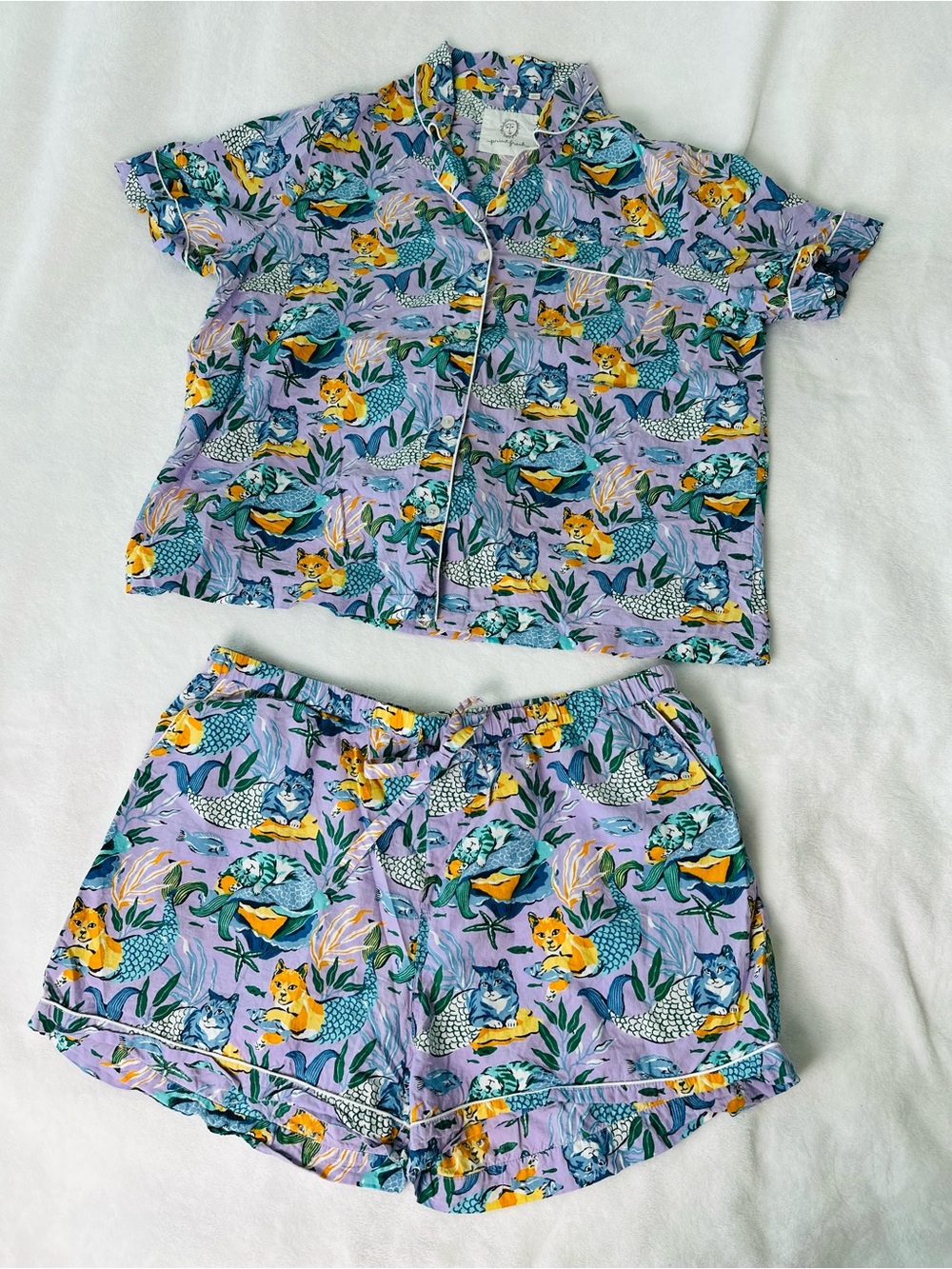 Printfresh Meowing Mermaids Short PJ Set In Lavender Organic Cotton Size XL